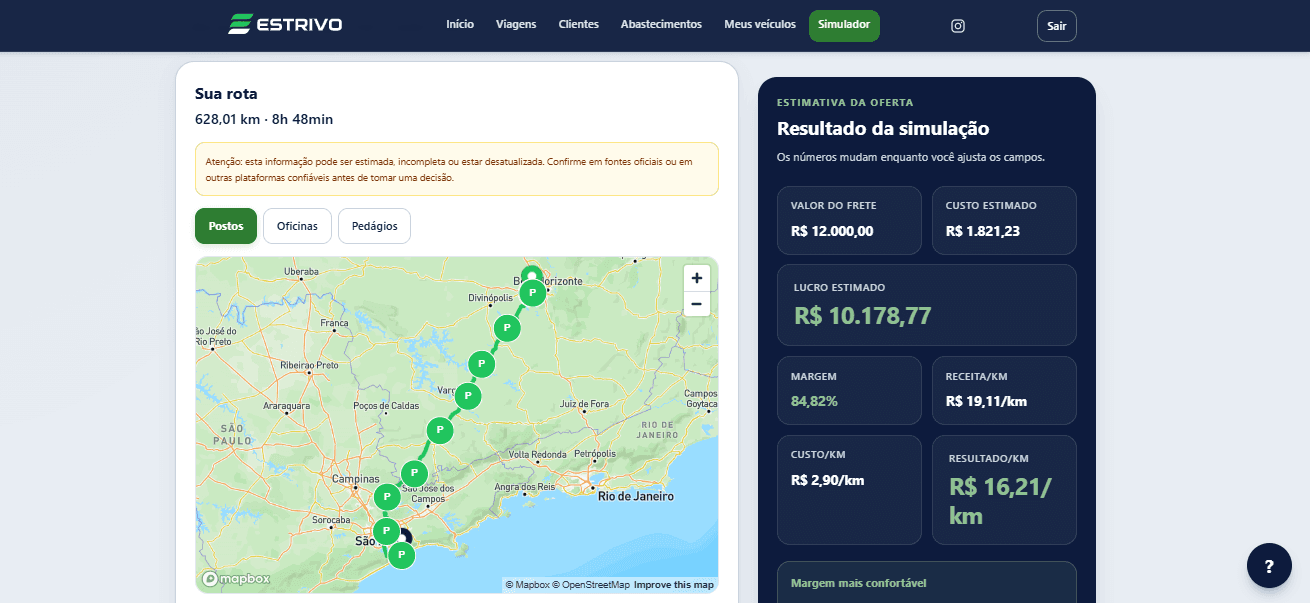 Simulador de frete da ESTRIVO com origem, destino e rota calculada